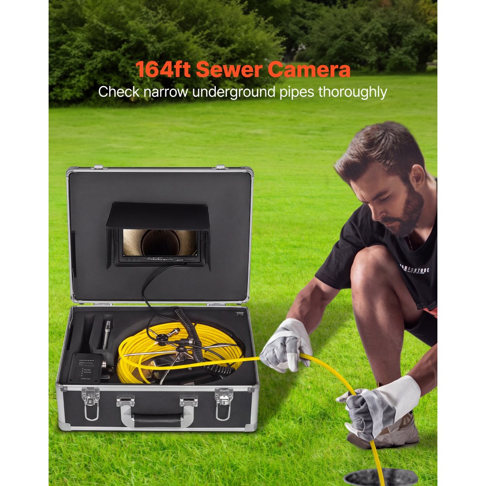 VEVOR rioolinspectiecamera, 50m pijpinspectiecamera, 7-inch pijpinspectiecamera, IP68 waterdichte industriële endoscoop met slang, 12 LED's, nachtzicht, geleidingswiel en touchscreen.