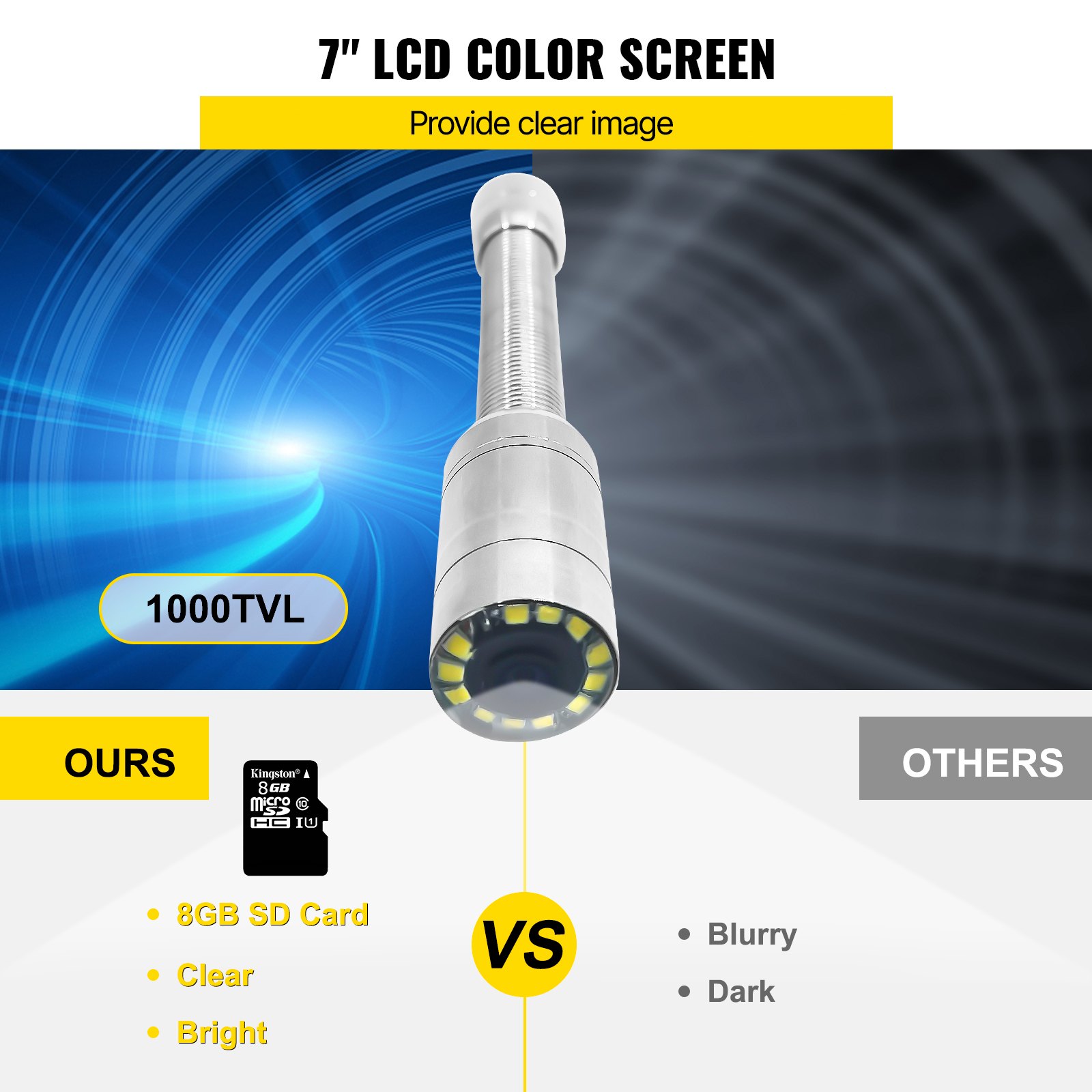 VEVOR Rioolinspectiecamera 50 m Pijpinspectiecamera 7 inch pijpinspectiecamera IP68 Afvoerbuis Waterdichte Industriële Endoscoop Slangencamera 12LED Nachtzicht met Geleidewiel, Touchscreen