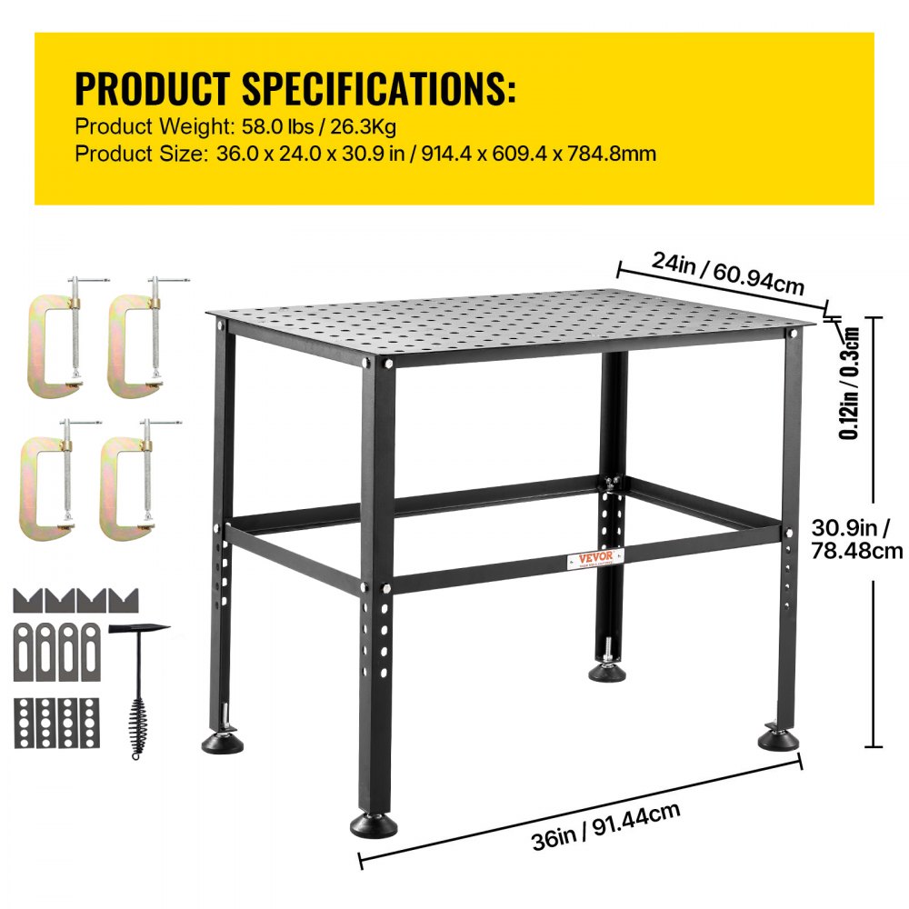 VEVOR lastafel 914,4 x 609,4 x 784,8 mm, montagetafel met een draagvermogen van 362 kg, werkbank met 16 mm montagegaten en antislipvoetjes voor las-, montage- en reparatiewerkzaamheden.