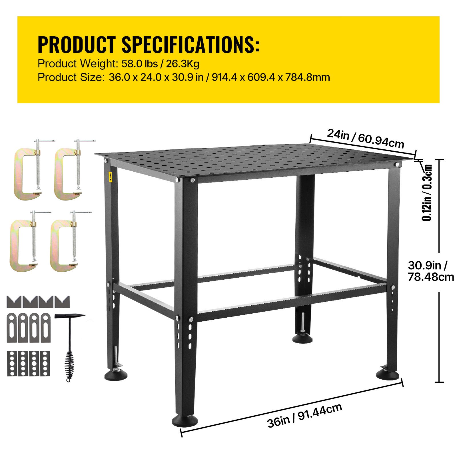 VEVOR Welding Table 36" x 24", 800LBS Capacity Welding Workbench Table, Heavy-Duty Work Bench with 0.63" Fixture Holes and Non-slip Foot Pads for Welding Assembly Repair Works