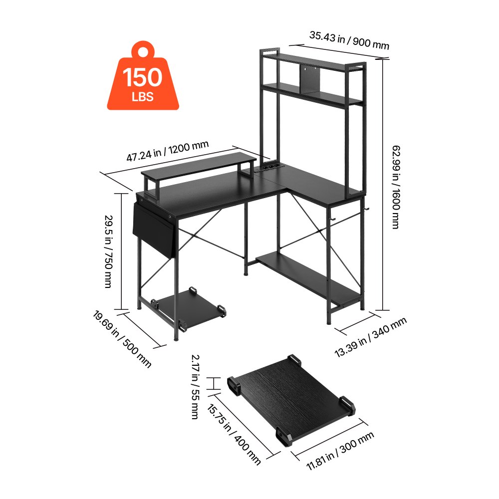VEVOR Gaming Bureau L-vormig 1,2 m, hoekbureau met monitorstandaard, stopcontacten, uitschuifbare CPU-standaard en plank, hoekbureau met een draagvermogen van 68 kg, gamingbureau voor thuiswerkplek