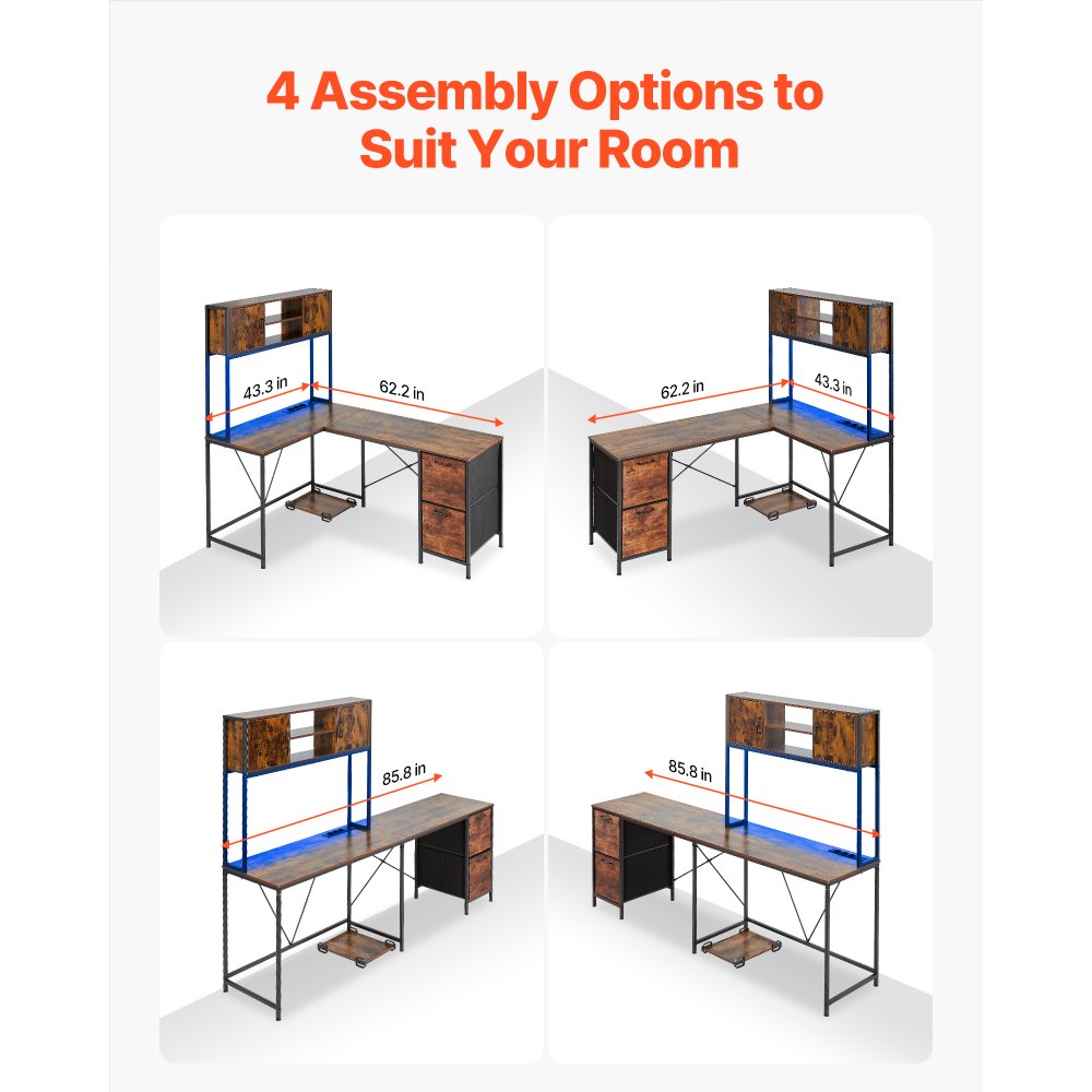 VEVOR L-Shaped Gaming Desk with LED Lights, 62.2-inch Reversible Corner Computer Desk with Power Outlets, Movable CPU Stand & Storage Drawers, Modern Stylish PC Gaming Table for Home Office