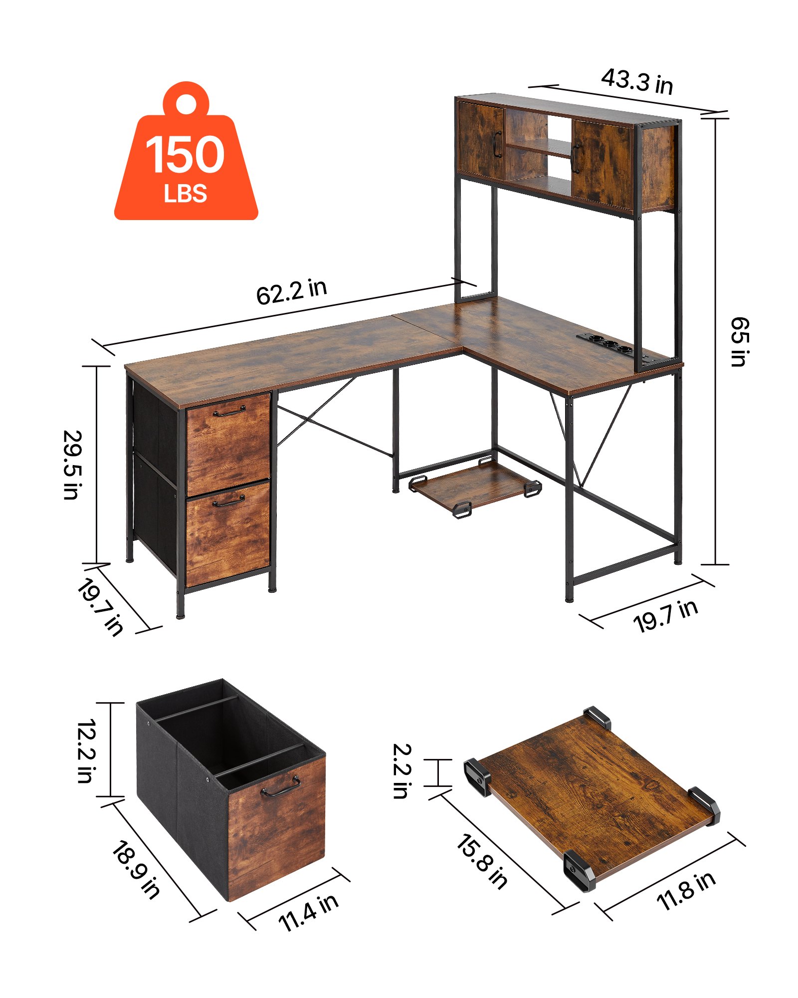 VEVOR L-Shaped Gaming Desk with LED Lights, 62.2-inch Reversible Corner Computer Desk with Power Outlets, Movable CPU Stand & Storage Drawers, Modern Stylish PC Gaming Table for Home Office
