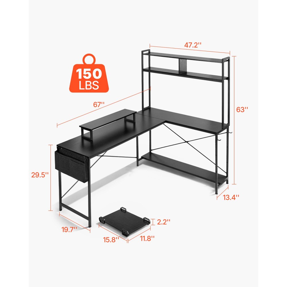VEVOR L-Shaped Computer Desk, 67-inch Reversible Corner Gaming Desk with Monitor Stand & Movable CPU Stand, Modern Stylish PC Table Sturdy Work Workstation for Home Office - Easy to Assembly