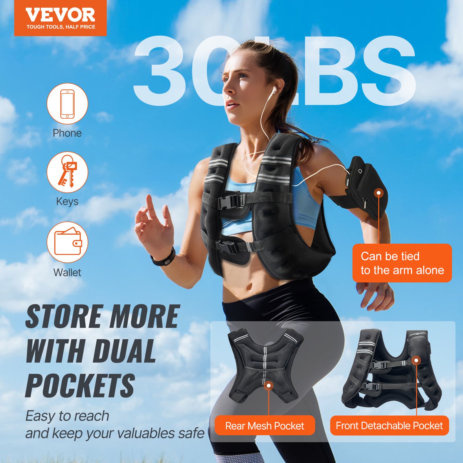 VEVOR Gewichtsvest 13,8 kg met reflecterende strip, verstelbare gesp, lichaamsgewichtsvest voor mannen en vrouwen, trainingsuitrusting voor krachttraining, hardlopen, joggen, fitness, afvallen