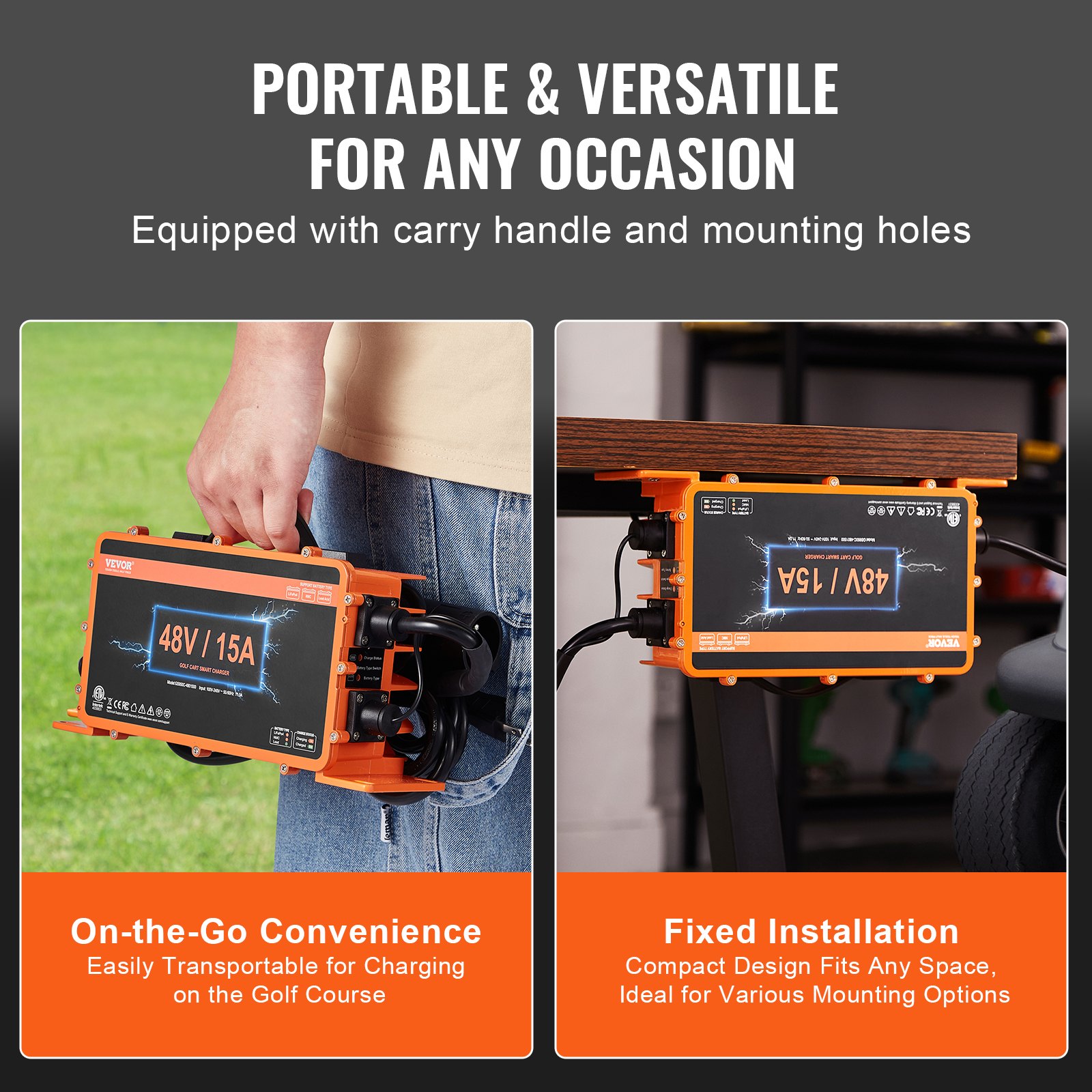 VEVOR 48-Volt golfkar-acculader, 15 Ampère slimme acculader met 3-polige kogelconnector, compatibel met loodzuur AGM/GEL/EFB MF natte NMC LiFePO4-accu's voor clubcars