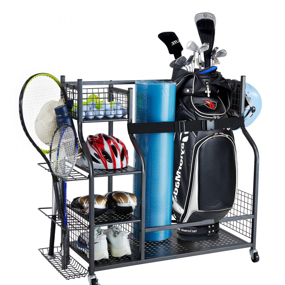 VEVOR golfgarage organizer voor het opbergen van golftassen, helmen, tennisrackets, yogamatten en sportuitrusting.