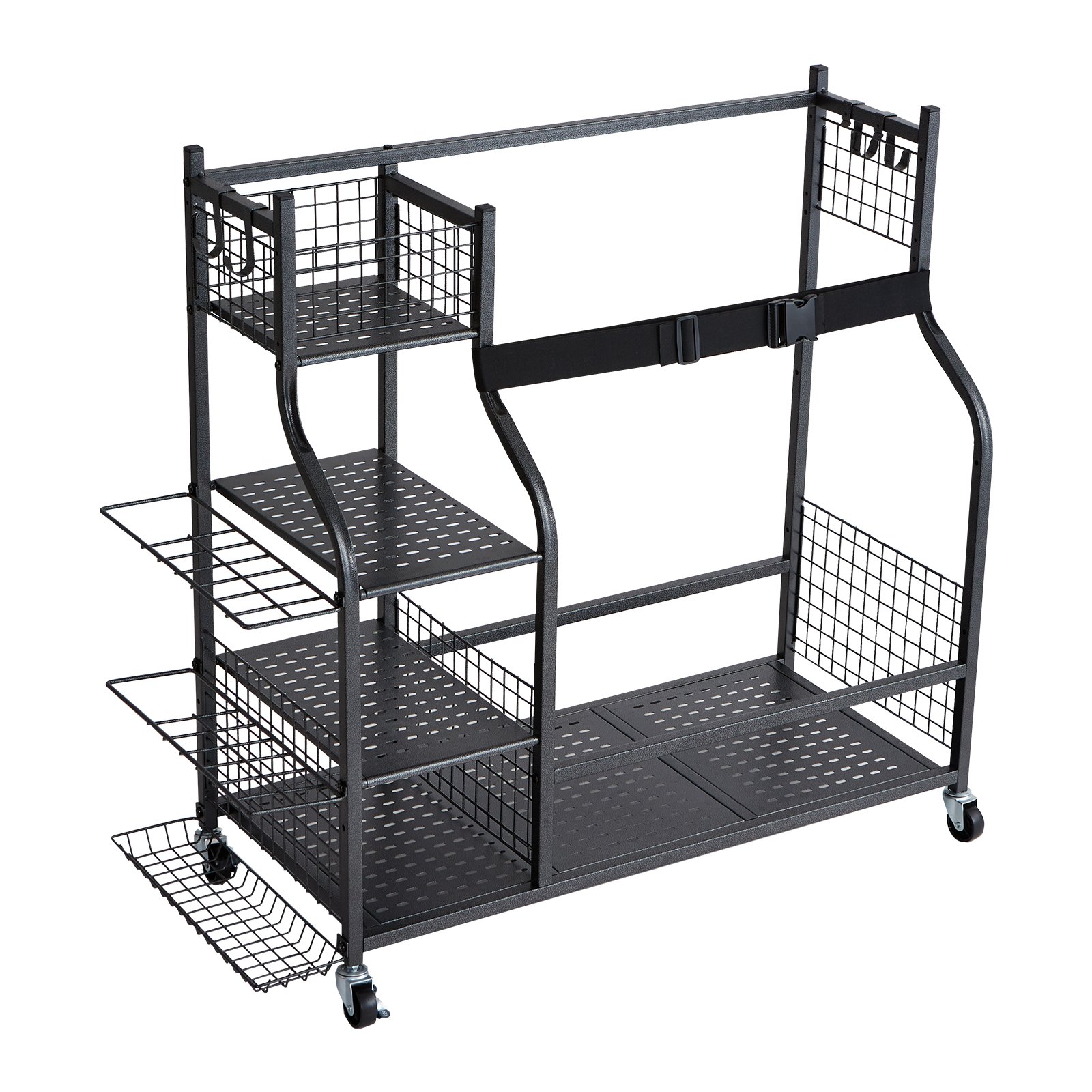 VEVOR Golftas Opberger Geschikt voor 2 Golftassen, Garage Organizer met 1 Draadmand en 3 Zijplanken, Zwarte Golftas Standaard voor Golfclubs, Golfballen, Golfuitrusting Accessoires, etc.