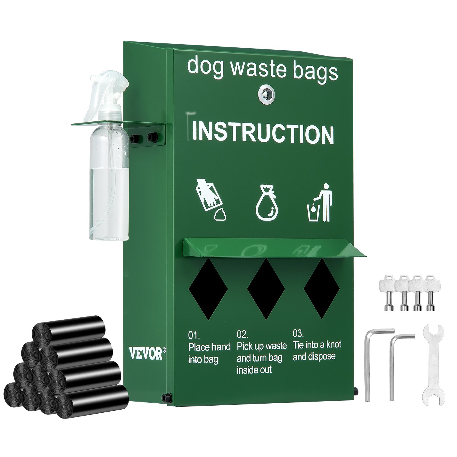 VEVOR Dog Poop Bag Dispenser with Hand Wash Bottle, Lockable Outdoor Dog Waste Bag Holder with 600 Waste Bags, Stake, Pole, Fence & Wall Mounted Dog Poop Bag Storage, Pet Waste Station for Porch, Lawn