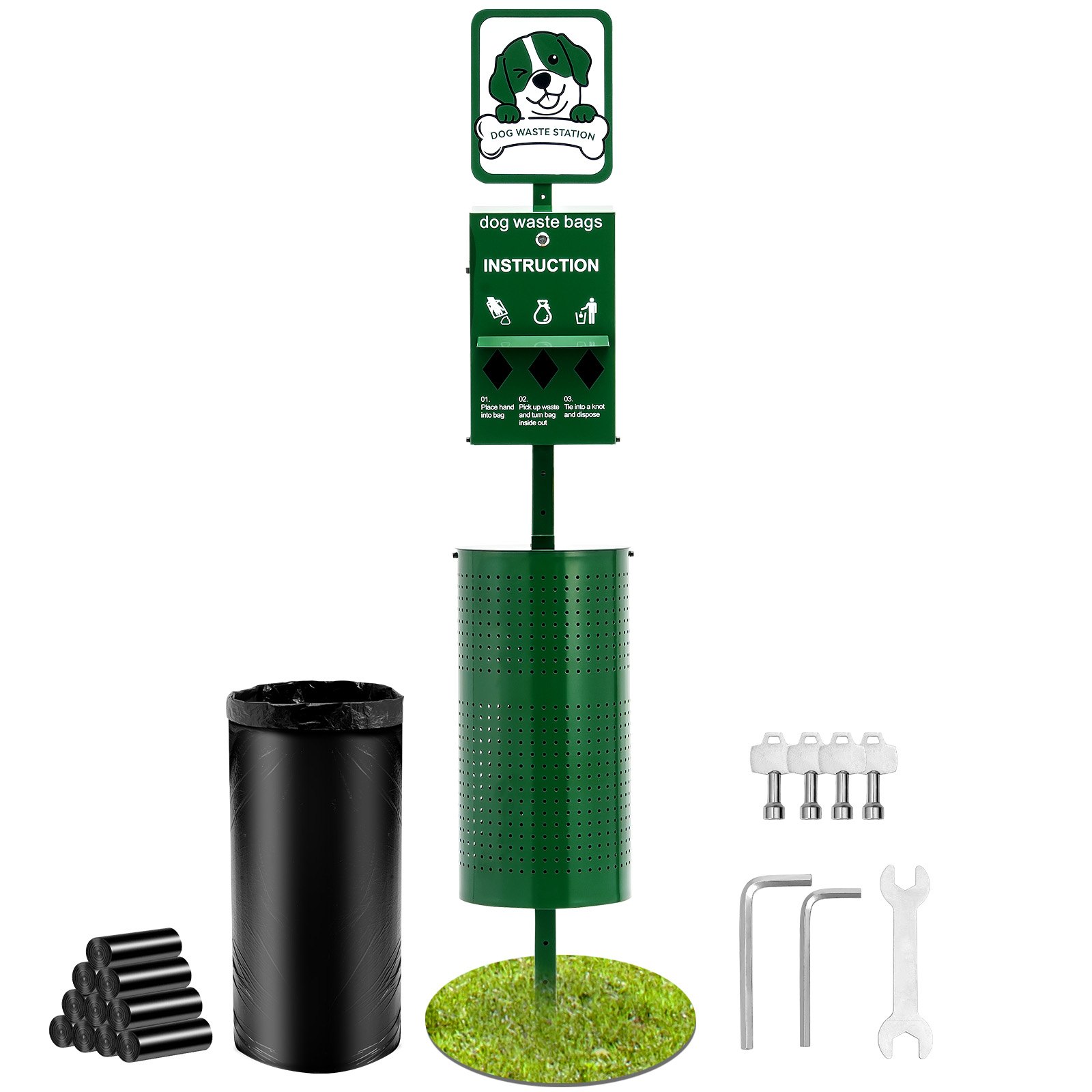 VEVOR Hondenpoepstation, hondenpoepbak, 43 liter hondenpoepbak met 50 vuilniszakken, zakjesdispenser en 600 poepzakjes, hondenpoepafvoersysteem voor buitengebruik in de achtertuin