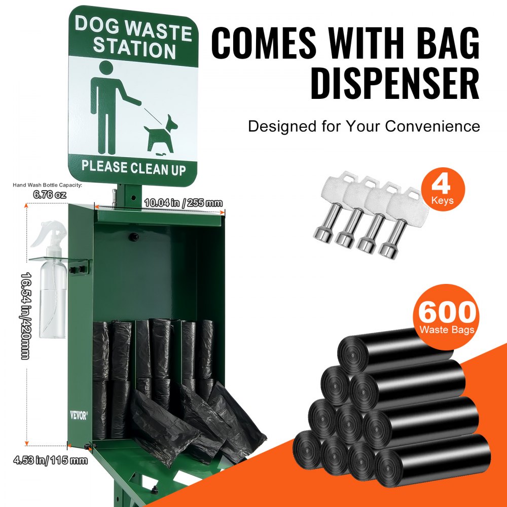 VEVOR Dog Waste Station with Hand Wash Bottle, Commercial Dog Poop Station, 11.5 Gallons Pet Waste Bin with 50 Can Liners, Bag Dispenser & 600 Waste Bags, Outdoor Dog Waste Disposal System for Backyard