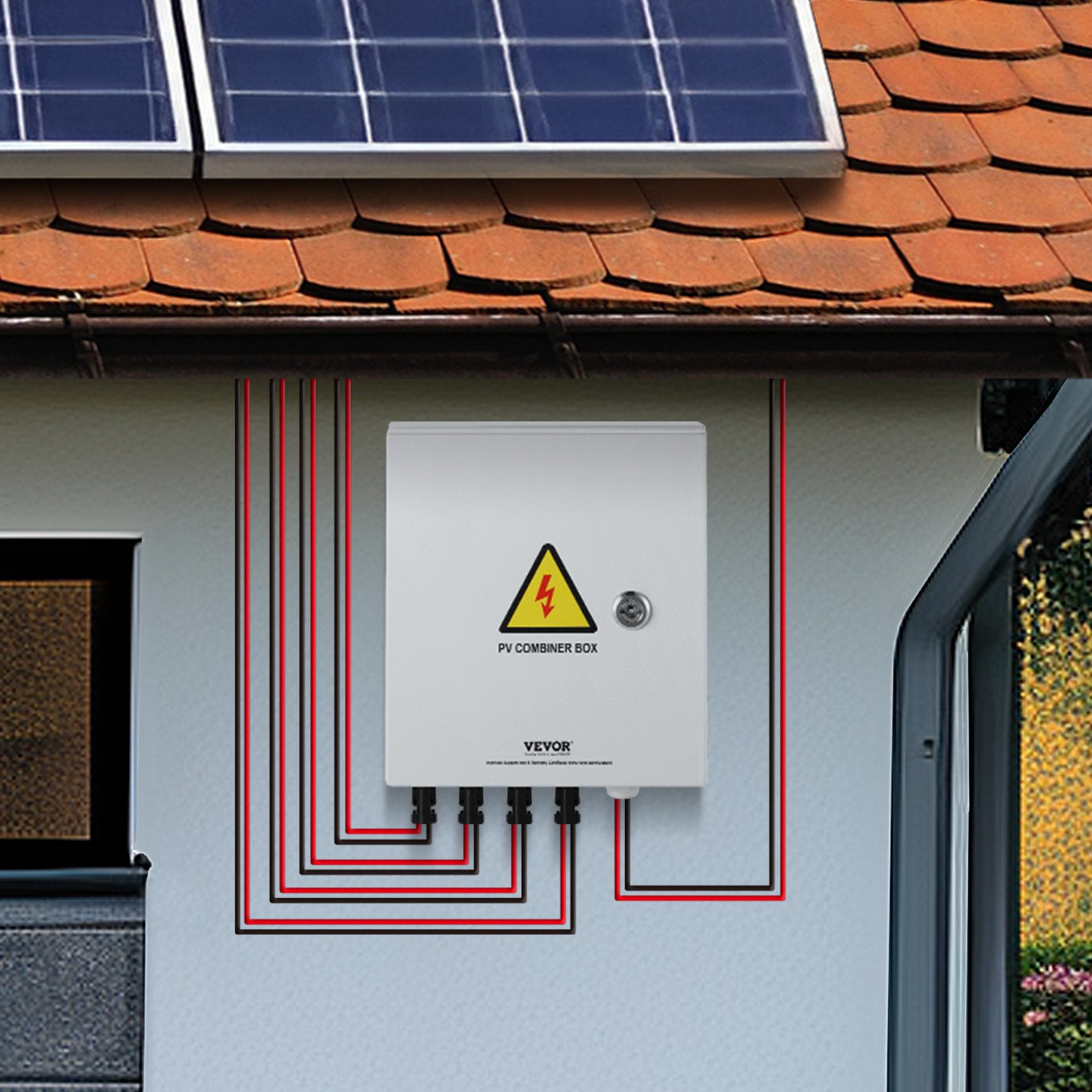 VEVOR 4-String PV Combiner Box met 15A zekering, 63A stroomonderbreker, bliksemafleider en zonneconnector, stalen behuizing voor on-/off-grid zonnepaneelsysteem, IP65