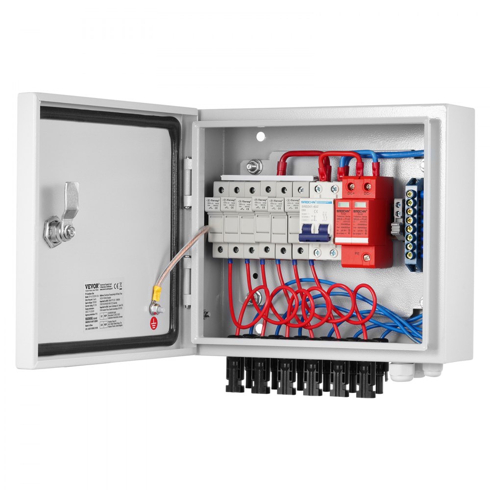 VEVOR 6-String PV Combiner Box met 10A zekering, 63A stroomonderbreker, bliksemafleider en zonneconnector, stalen behuizing voor on-/off-grid zonnepaneelsysteem, IP65