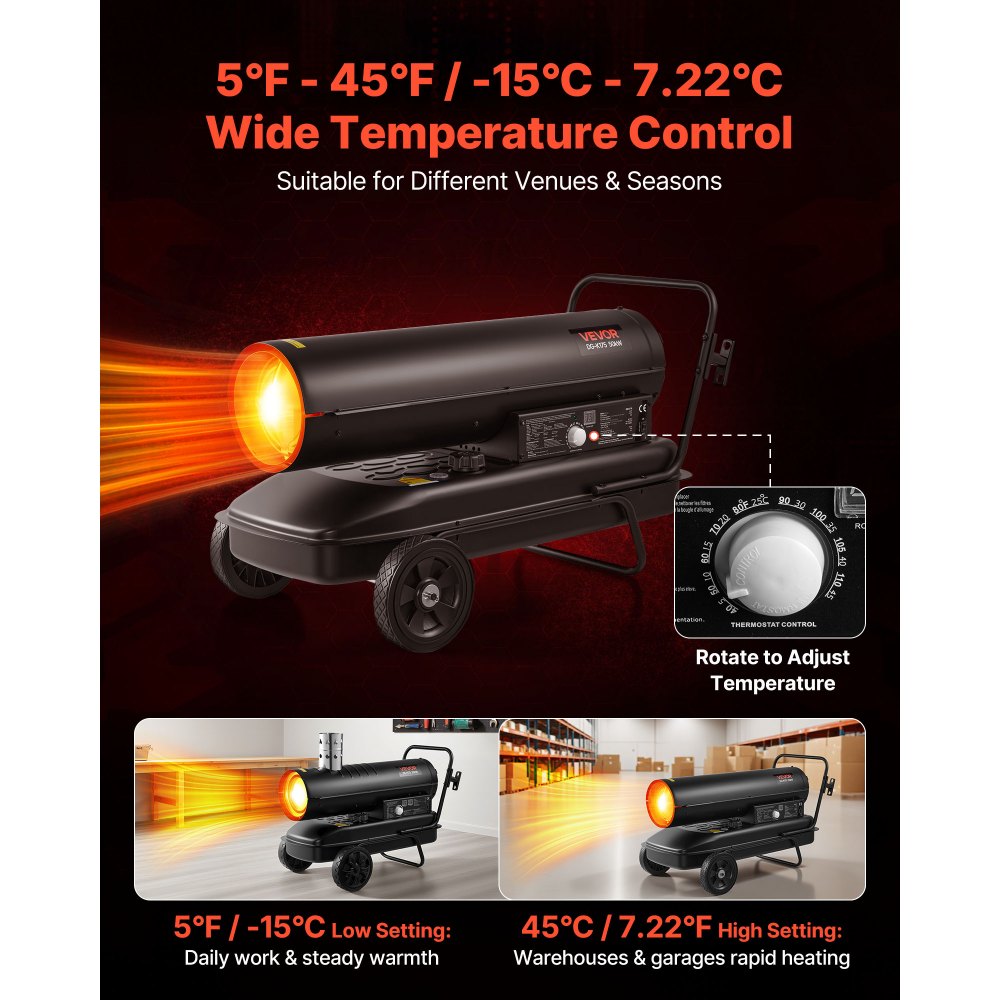 VEVOR 50kW Forced Air Kerosene Diesel Heater, Portable Torpedo Space Heater with Wheels & Adjustable Temp, Blower-Type for Jobsite/Garage/Warehouse/Workshop Construction /Outdoor Heating,Black
