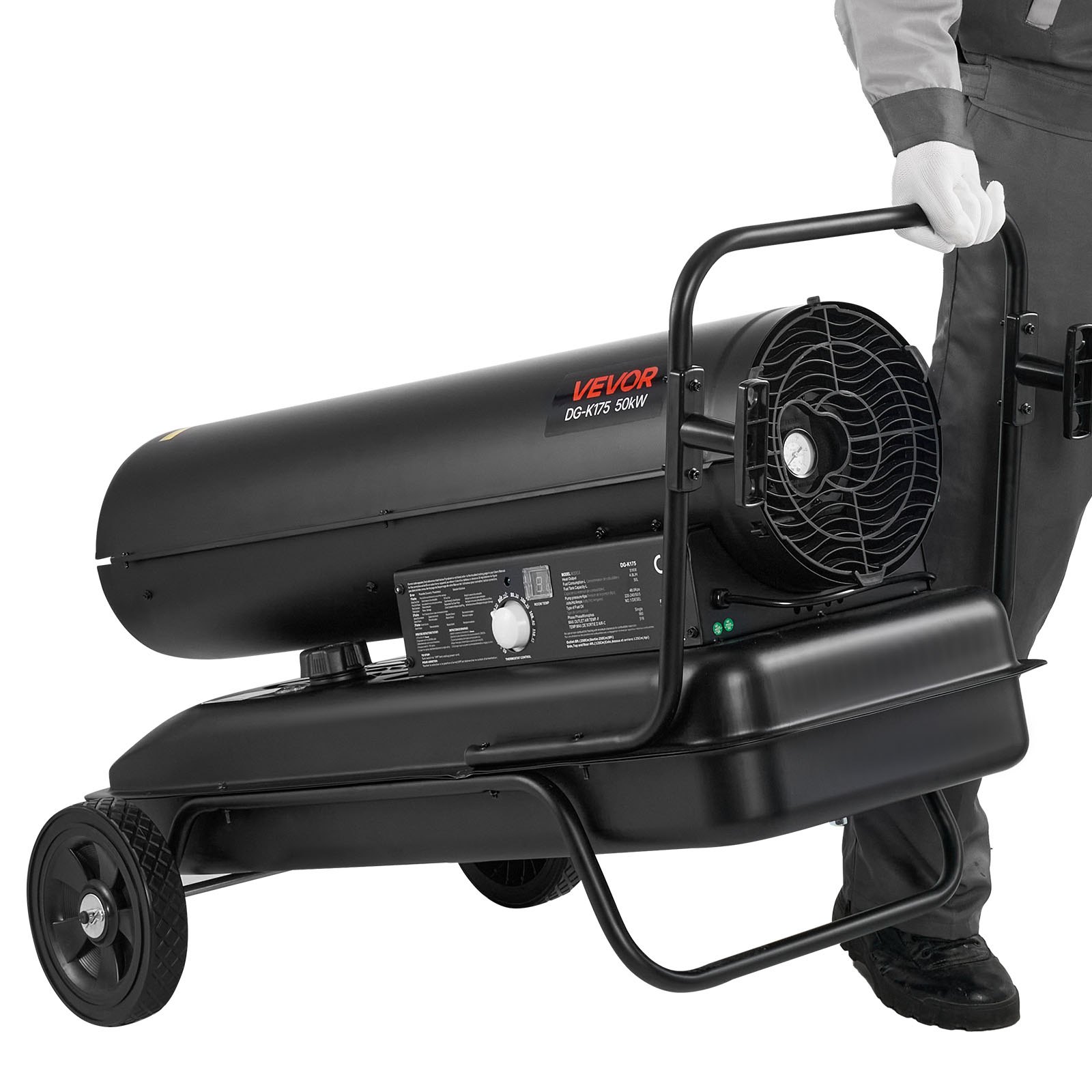 VEVOR 50 kW dieselkachel, Torpedo-ruimteverwarmer met wielen en regelbare temperatuur, dieselkachelventilator voor bouwplaatsen/garages/magazijnen/werkplaatsen/buitenverwarming, zwart