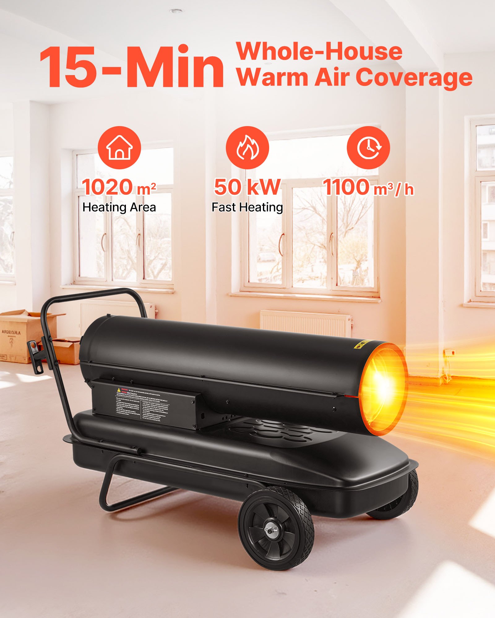 VEVOR 50kW Forced Air Kerosene Diesel Heater, Portable Torpedo Space Heater with Wheels & Adjustable Temp, Blower-Type for Jobsite/Garage/Warehouse/Workshop Construction /Outdoor Heating,Black