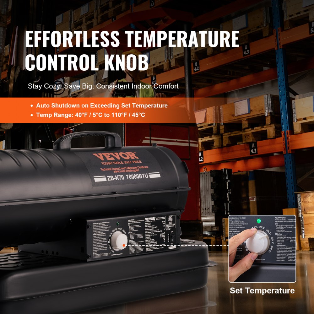 VEVOR Kerosene/Diesel Forced Air Heater, 70000Btu Torpedo Space Heater, Portable with Thermostat Control,19L Tank Efficient Indoor/Outdoor Kerosene Heater For Home,Jobsite, industrial,Workshops,Black