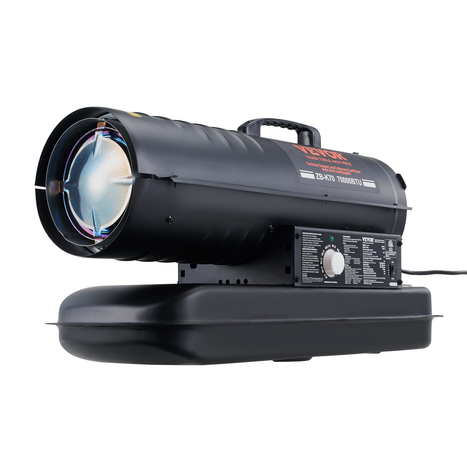 VEVOR Kerosine/Diesel Warmeluchtverwarmer, 70.000 BTU Torpedo Ruimteverwarmer, Draagbaar met Thermostaatregeling, 19 Liter Tank, Efficiënte Kerosineverwarmer voor Binnen/Buiten voor Thuis, Bouwplaats, Industrie, Werkplaatsen, Zwart