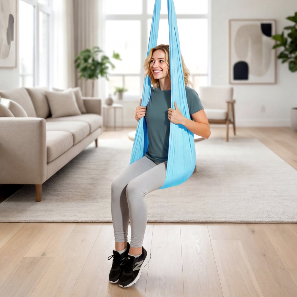 VEVOR Aerial Yoga Hangmat, max. draagvermogen 136,07 kg, yogaschommel met nylon stof, daisy rope en PE-tas met ritssluiting, multifunctionele gymnastiekschommel voor anti-zwaartekrachtoefeningen, blauw