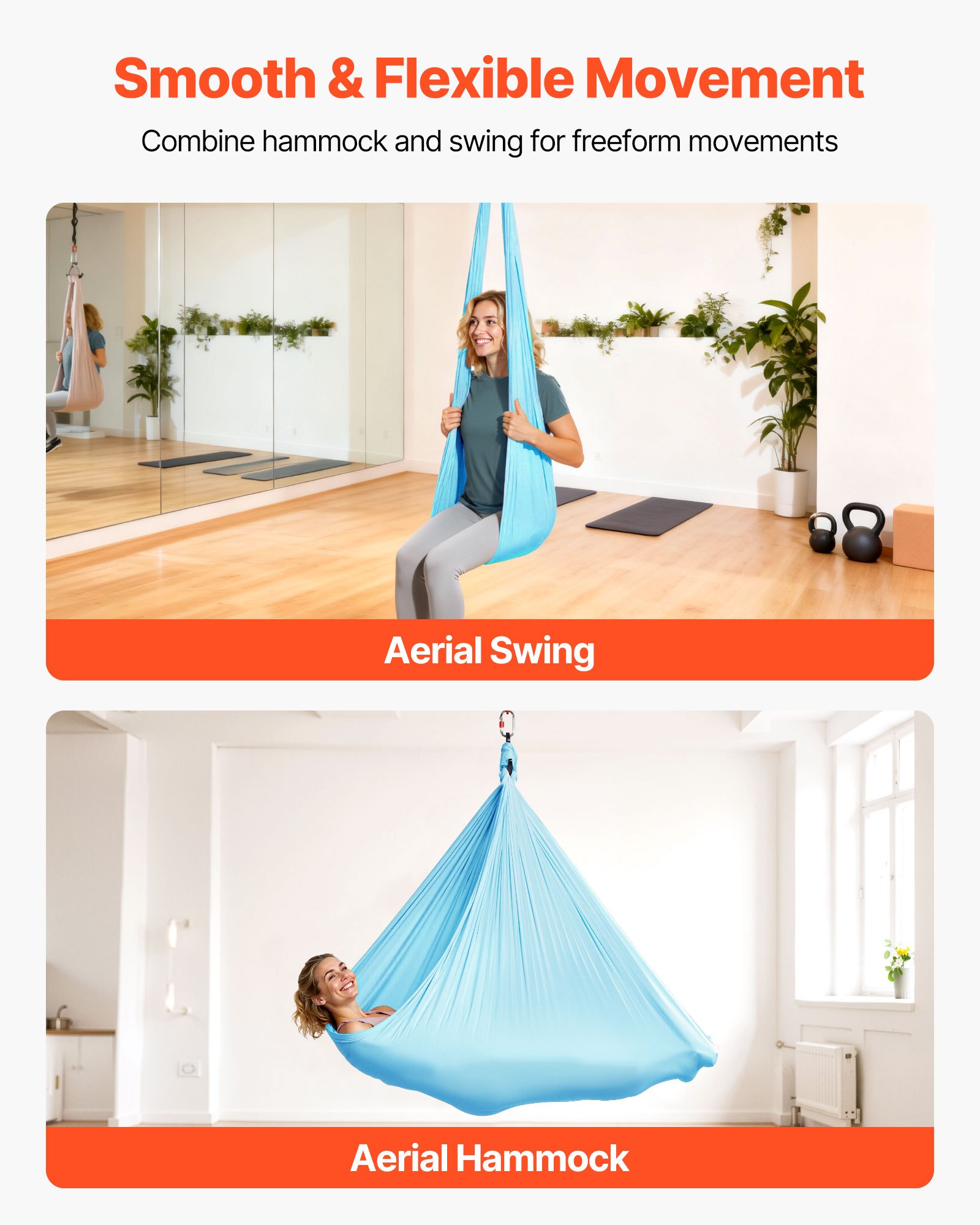 VEVOR Aerial Yoga Hammock, Maximum 300 lbs Load Aerial Silk, Yoga Swing with Nylon Fabric, Daisy Rope, PE Zipper Bag, Gymnastics Swings Suitable for Men and Women, Dual-Function Hammock & Swing