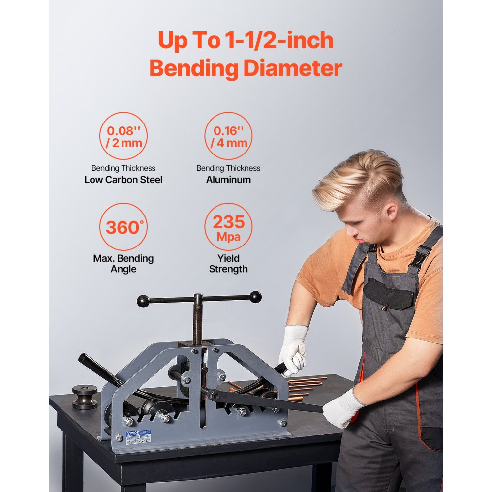 VEVOR pijpenbuigmachine, max. 3,8 cm (1-1/2 inch), handmatige pijpenbuiger met 6 matrijzen, 360° koper-aluminium pijpenbuiggereedschap voor vierkante, ronde en platte buizen, voor HVAC-airconditioning en autoreparatie.