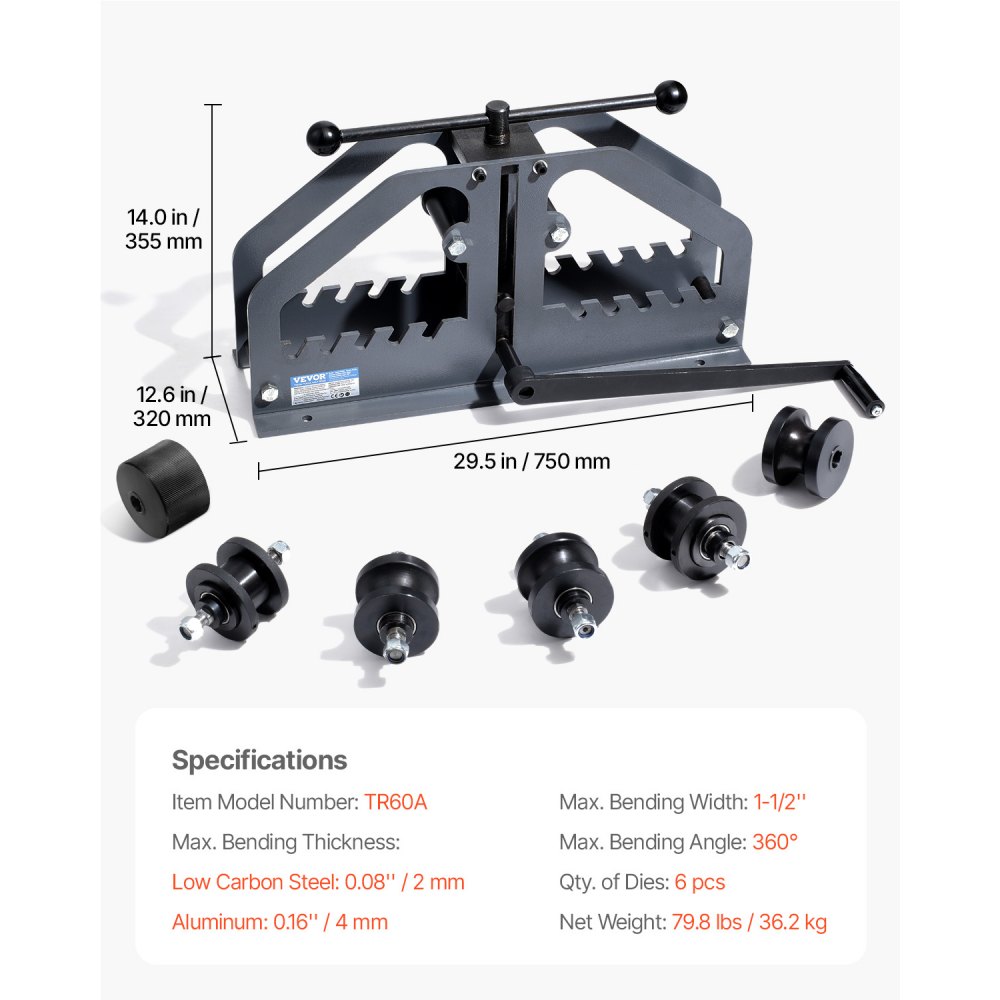 VEVOR pijpenbuigmachine, max. 3,8 cm (1-1/2 inch), handmatige pijpenbuiger met 6 matrijzen, 360° koper-aluminium pijpenbuiggereedschap voor vierkante, ronde en platte buizen, voor HVAC-airconditioning en autoreparatie.