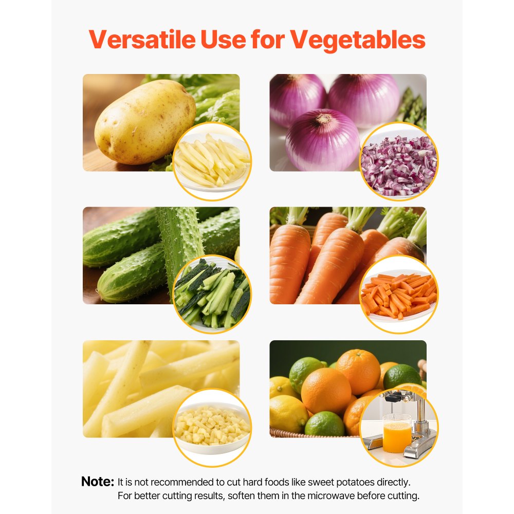 VEVOR Commerciële Frietsnijder, Groentesnijder Fruitsnijder Roestvrij staal met 3 Vervangende Messen (12,7/9,525/6,35 mm) en een Sapcentrifugemes, Handmatige Aardappelsnijder Frietsnijder