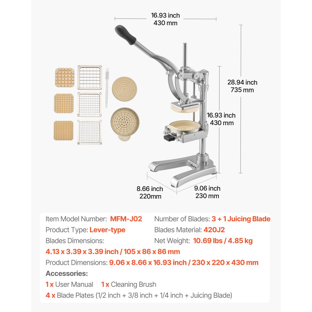 VEVOR Commerciële Frietsnijder, Groentesnijder Fruitsnijder Roestvrij staal met 3 Vervangende Messen (12,7/9,525/6,35 mm) en een Sapcentrifugemes, Handmatige Aardappelsnijder Frietsnijder