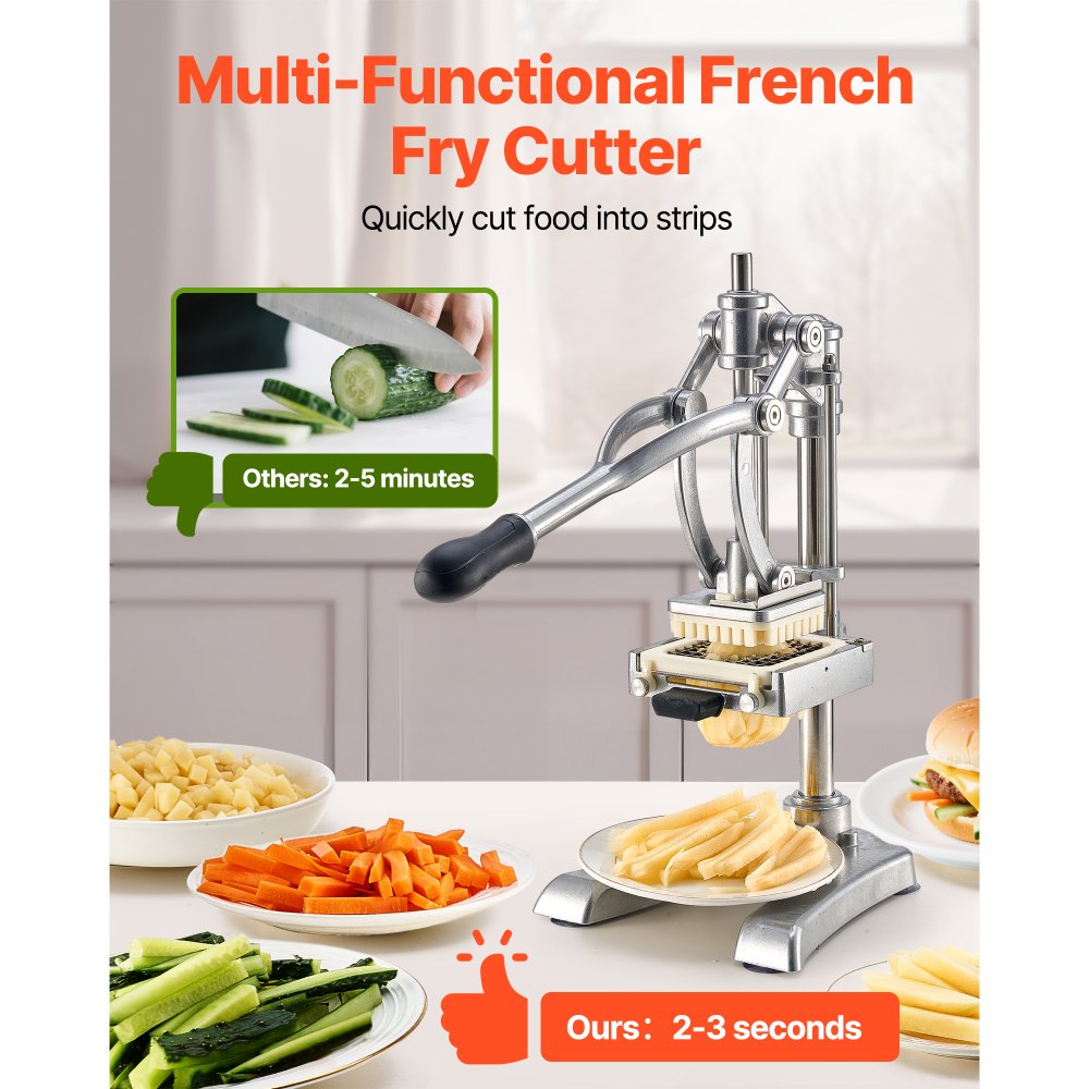VEVOR Commerciële Frietsnijder, Groentesnijder Fruitsnijder Roestvrij staal met 3 Vervangende Messen (12,7/9,525/6,35 mm) en een Sapcentrifugemes, Handmatige Aardappelsnijder Frietsnijder