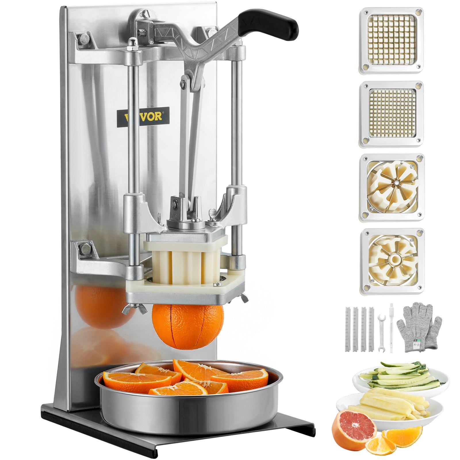 VEVOR Aardappelsnijder Frietsnijder 1/4 + 3/8 inch + 6 partjes, Frietsnijder Groentesnijder Commerciële hakselaar Fruitsnijder met 4 vervangende messen, RVS hakselaar