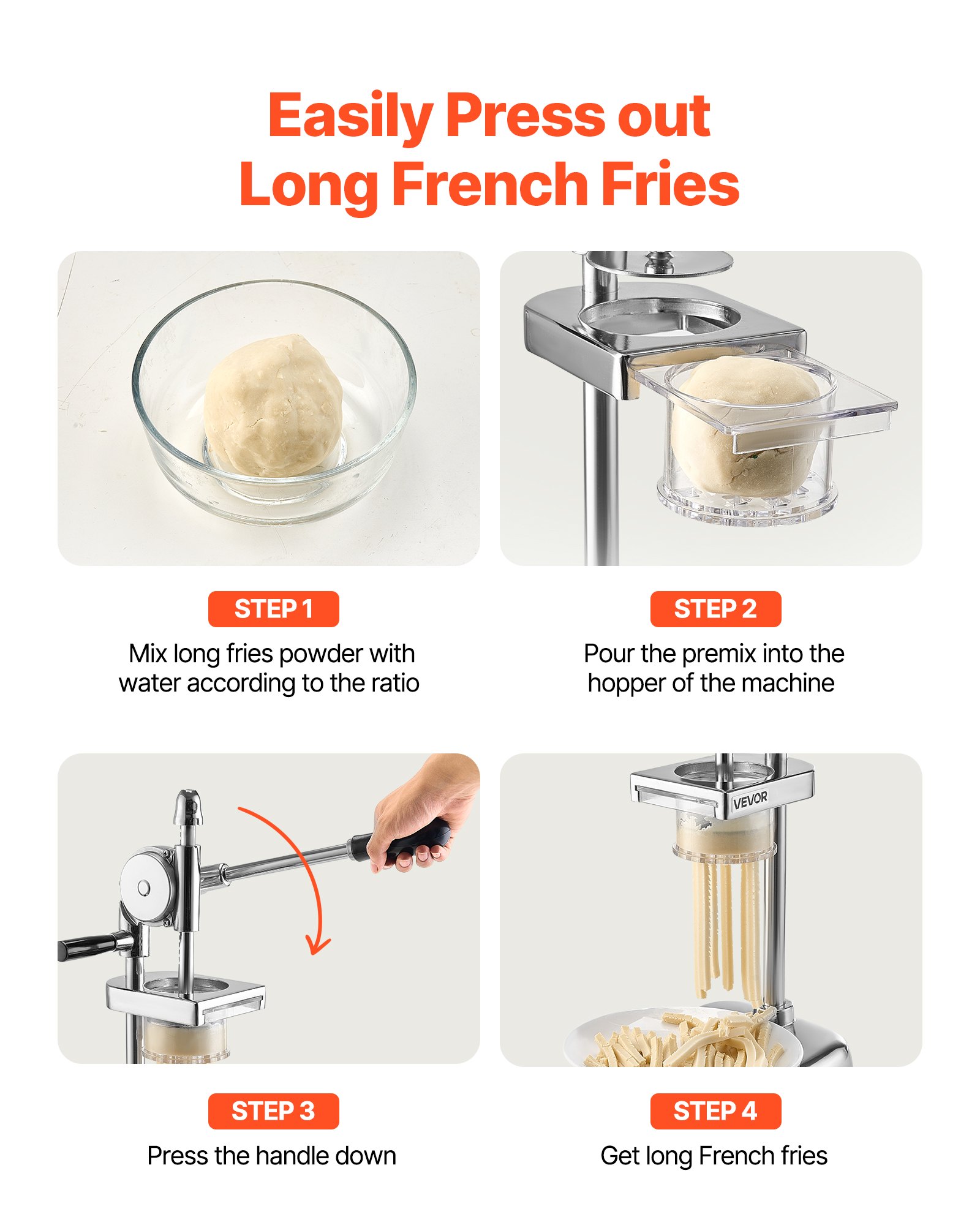 VEVOR Commercial French Fry Cutter, Stainless Steel Fried Potato Strips Squeezer, Long French Fries Maker with Pull-out Extruder, Manual Mashed Potato Squeezer Machine for Restaurants & Home Kitchen