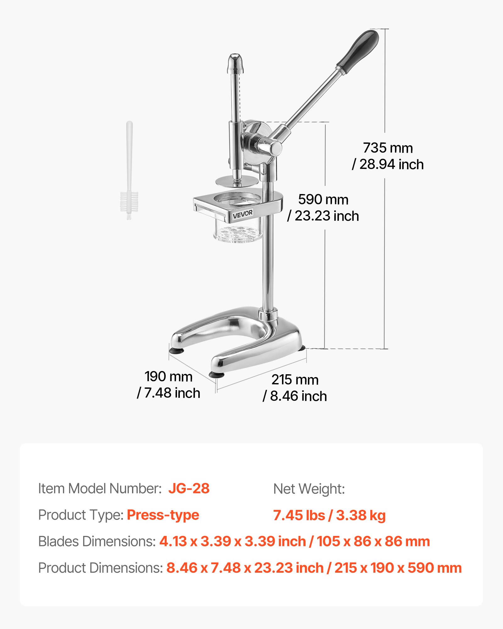 VEVOR Commercial French Fry Cutter, Stainless Steel Fried Potato Strips Squeezer, Long French Fries Maker with Pull-out Extruder, Manual Mashed Potato Squeezer Machine for Restaurants & Home Kitchen