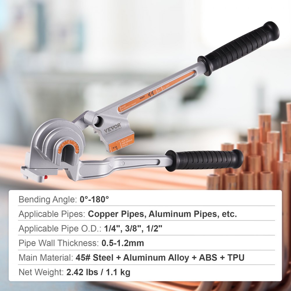 VEVOR-pijpenbuiger 1/4", 3/8", 1/2" OD 3-in-1 pijpenbuiger met handmatige waterpas, 180° buiggereedschap voor koper-aluminium buizen voor HVAC-, airconditioner- en koelkastreparatie