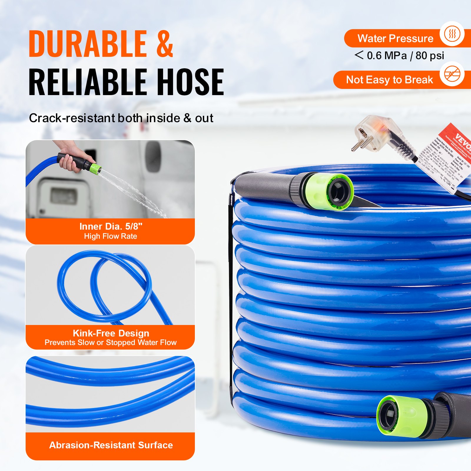 VEVOR 50ft Heated Water Hose for RV, Heated Drinking Water Hose Antifreeze to -45°F, Automatic Self-regulating, 5/8" I.D. with Quick-connect Fitting Set, Lead and BPA Free