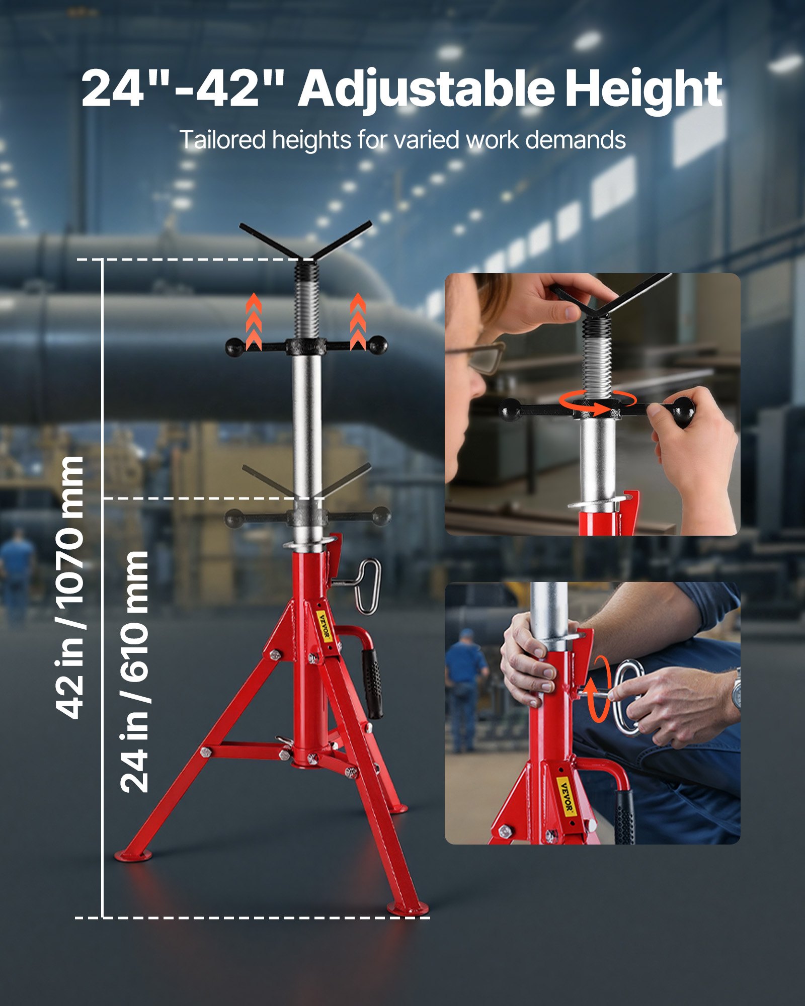 VEVOR Pijpsteun Koolstofstalen Pijpstandaard V-kop Max. draagvermogen 1134 kg Pijpbeugel in hoogte verstelbaar van 61 tot 107 cm Opklapbare poten voor transport Ideaal voor draadsnijmachines Rolgroeven