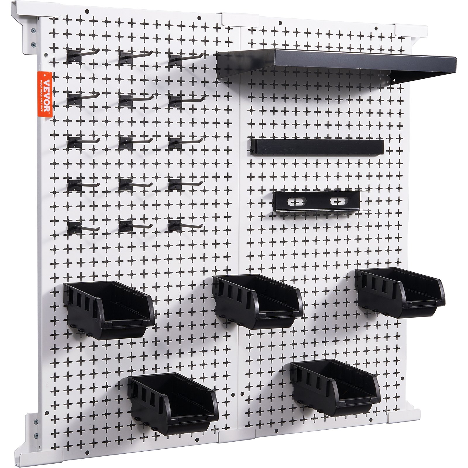 VEVOR Pegboard Wall Organizer 32" x 32", 330LBS Loading Garage Metal Pegboard Organizer Wall Mount, 25PCS Tool Storage Kit with 2 Peg Boards, Hooks, Storage Bins, Shelf Racks for Warehouse Garage Shop