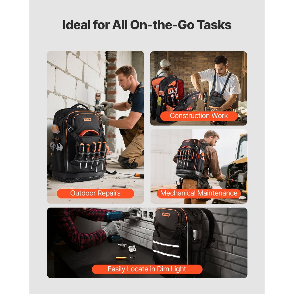 VEVOR Tool Backpack, 65 Pockets, Heavy-duty Tools Storage Organizer Work Bags with Laptop Compartment & Molded Base, Electrician Jobsite Backpack for Electrician, Repairman, and HVAC Techs