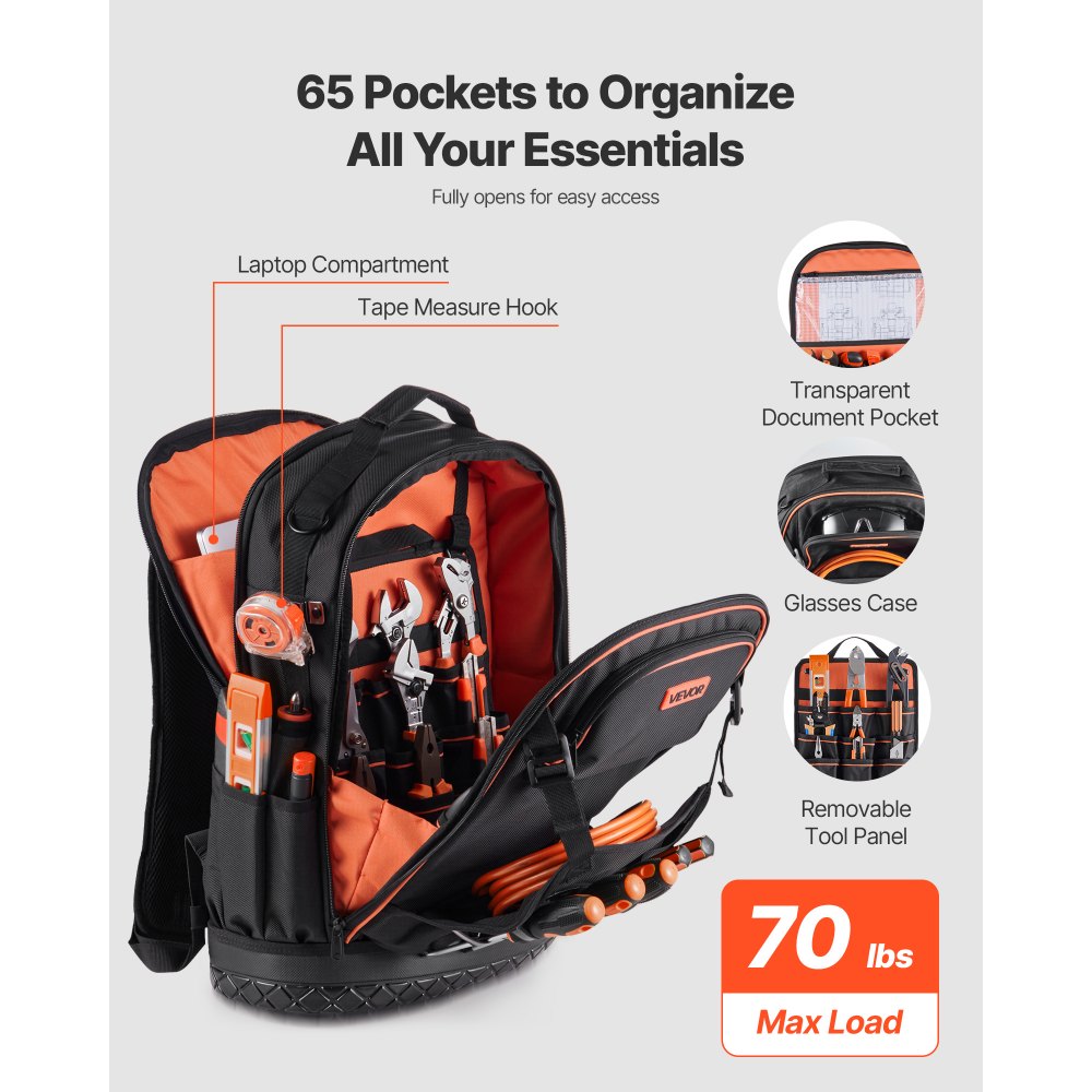 VEVOR Gereedschapsrugzak, 65 zakken, gereedschapsorganizer, rugzak met laptopvak en gegoten bodem, bouwplaatsrugzak voor elektriciens, reparatiewerkers en verwarmingsmonteurs