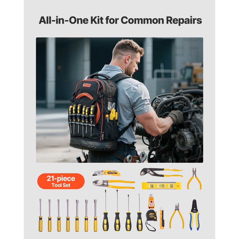 VEVOR Tool Backpack with Tools, 65 Pockets, Heavy-duty Tools Storage Organizer Bags with Laptop Compartment & Molded Base, Electrician Jobsite Backpack for Electrician, Repairman, and HVAC Techs