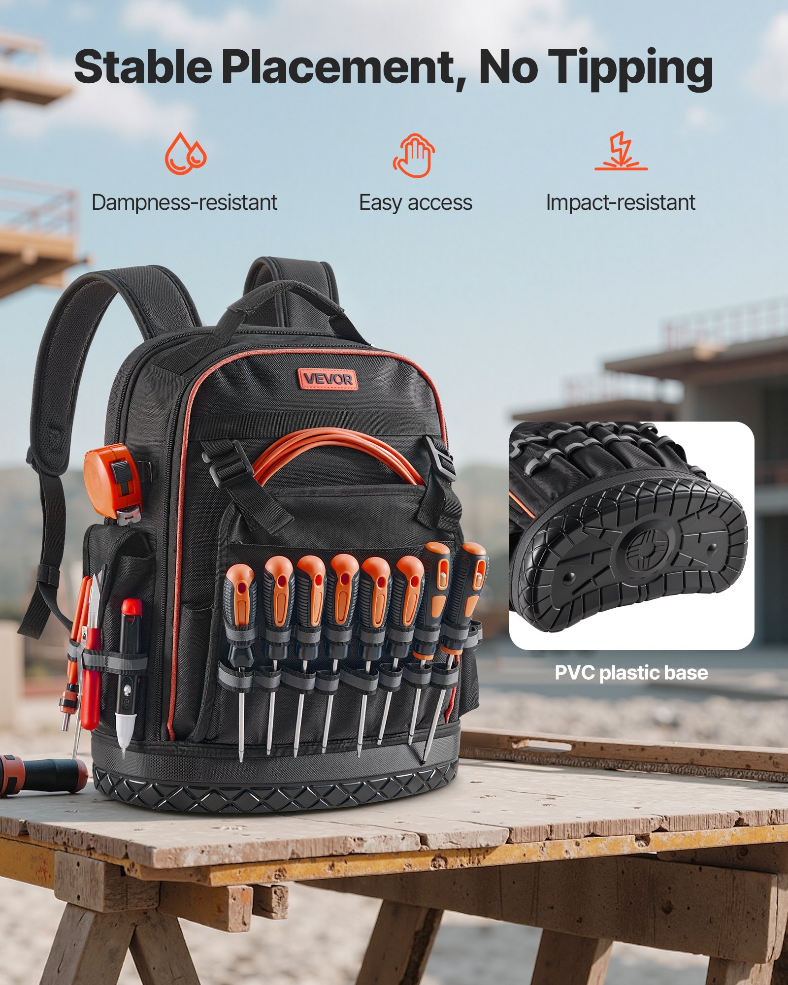 VEVOR Tool Backpack, 64 Pockets, Heavy-duty Tools Storage Organizer Work Bags with Laptop Compartment & Molded Base, Electrician Jobsite Backpack for Electrician, Repairman, and HVAC Techs