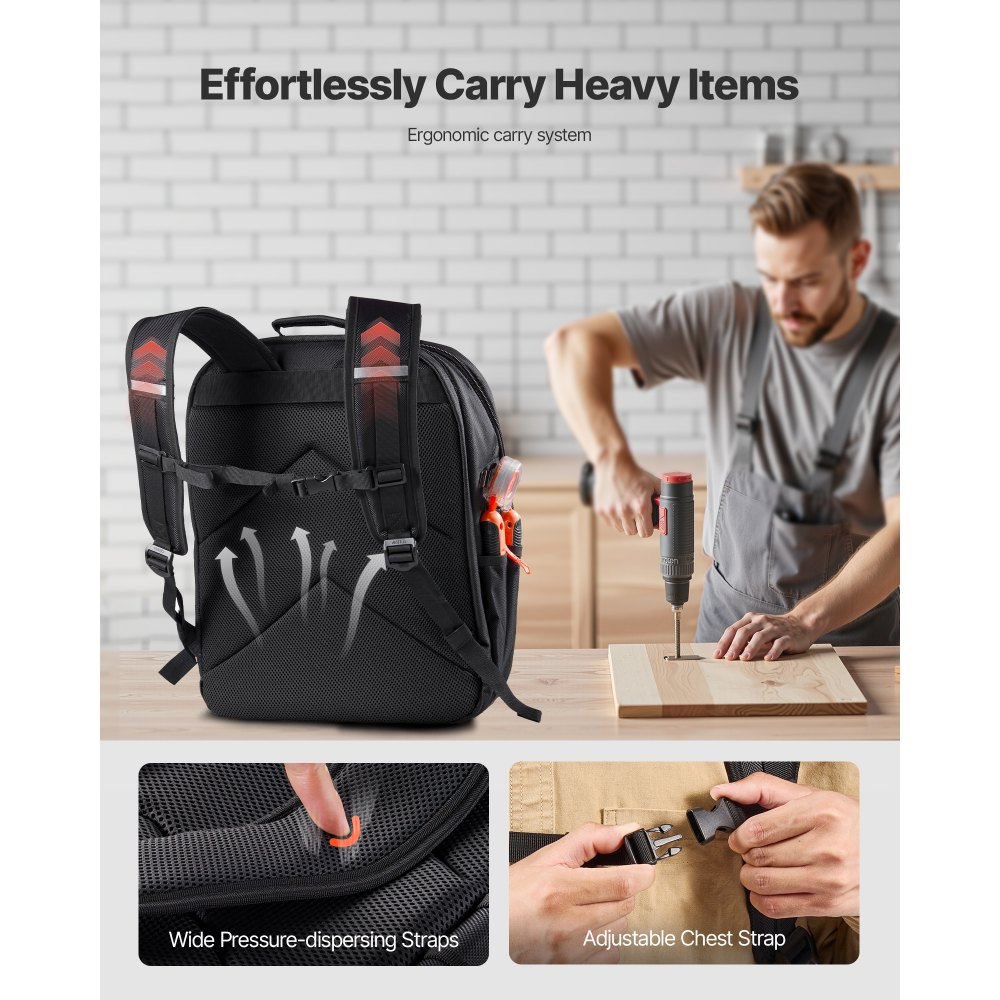 VEVOR Tool Backpack, 45 Pockets, Heavy-duty Tools Storage Organizer Work Bags with Laptop Compartment & Reinforced Fabric Basee, Electrician Jobsite Backpack for Electrician, Repairman