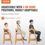 VEVOR wooden high chair, adjustable with 4+ positions, weight capacity ≥ 250 lbs, versatile usage.