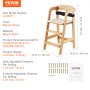 VEVOR wooden high chair dimensions, natural beech wood, adjustable seat and footrest with hardware included.