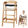 VEVOR wooden high chair with safety strap and cushioned seat next to a child sitting in a similar chair.