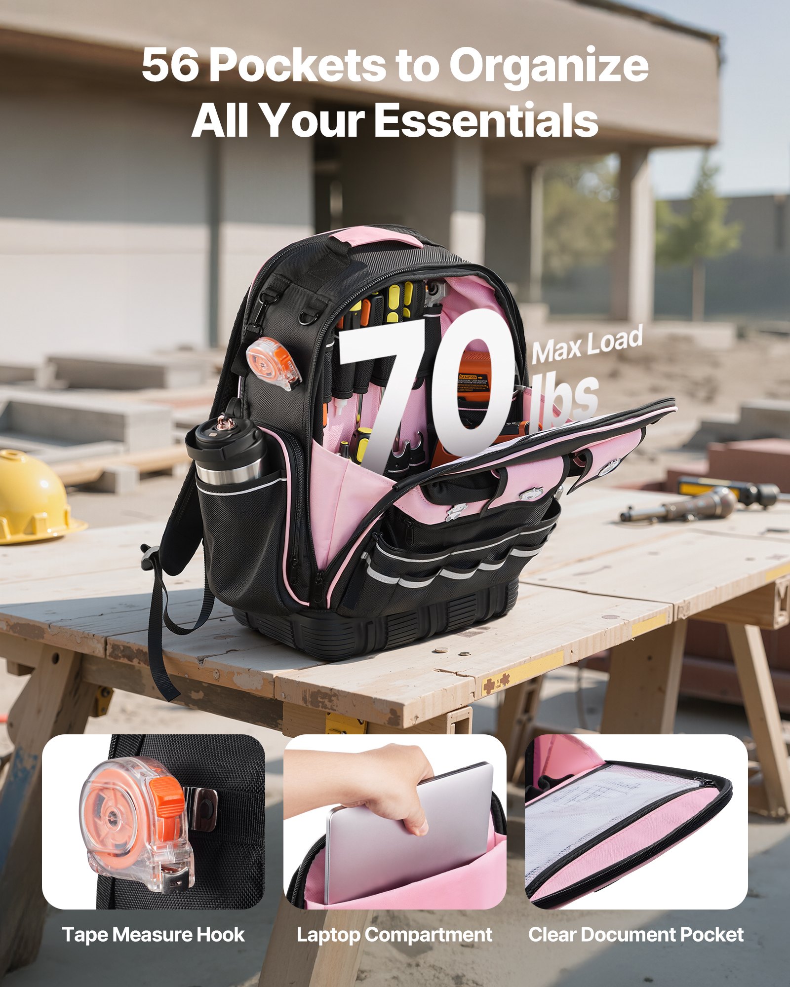 VEVOR Tool Backpack, 56 Pockets, Heavy-duty Tools Storage Organizer Work Bags with Laptop Compartment & Molded Base, Electrician Jobsite Backpack for Electrician, Repairman, and HVAC Techs