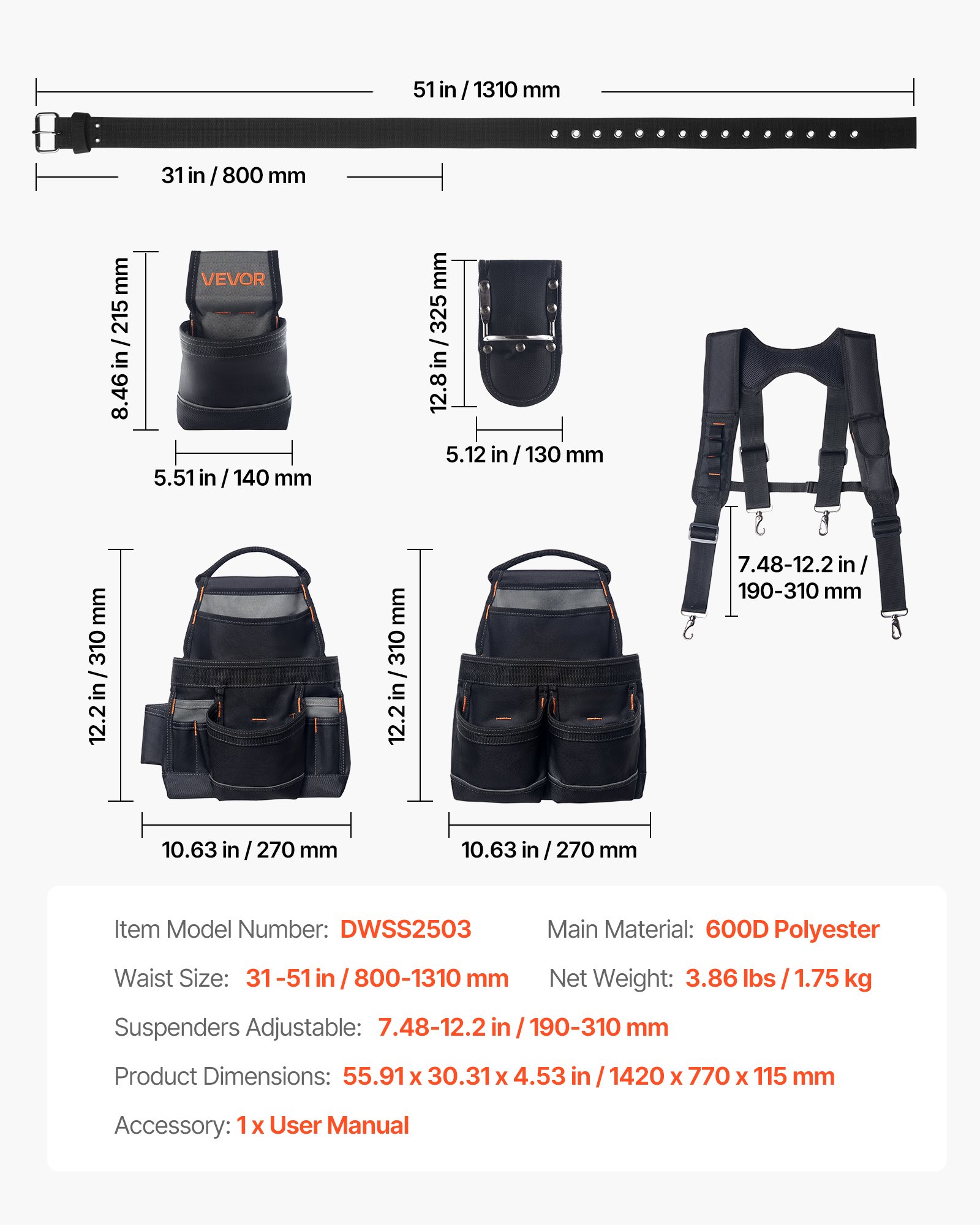 VEVOR Tool Belt, 19 Pockets Tool Pouch with Suspenders for Men, Heavy Duty Adjustable Utility Belt Work Bag Detachable Suspension Rig for Electrician, Carpenter, Construction, Adjust Waist 31 to 51in