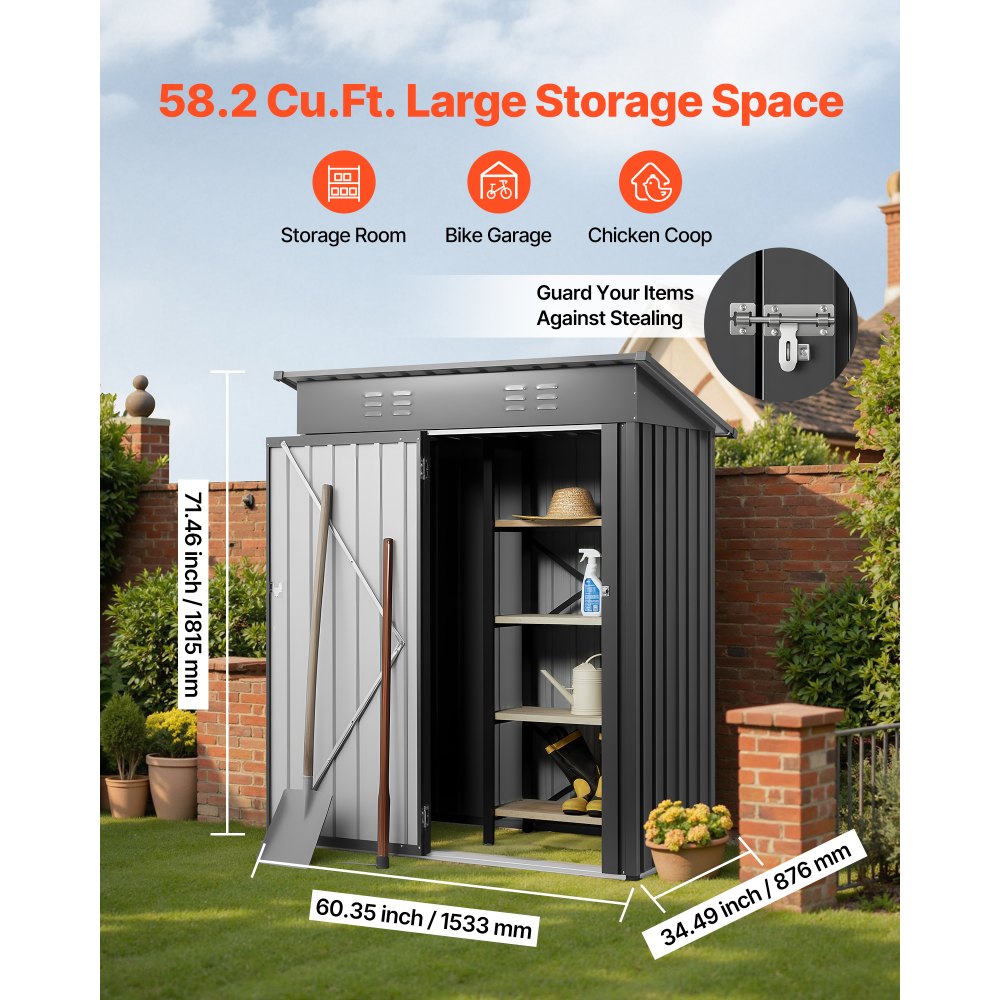 VEVOR 5 x 3 FT Metal Garden Shed, Storage Building with Lockable Door & 2 Louver Vents, Sloped Roof Metal Outdoor Storage Shed, Tool Sheds Outdoor Storage for Backyard, Garden, Patio, Bike, Gray
