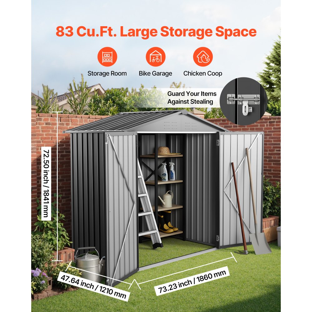 VEVOR 6 x 4 FT Metal Garden Shed, Outdoor Storage Shed with Lockable Doors & 4 Louver Vents, Peak Roof Metal Sheds Outdoors Storage, Storaged Sheds Clearance for Backyard, Garden, Patio, Bike, Gray