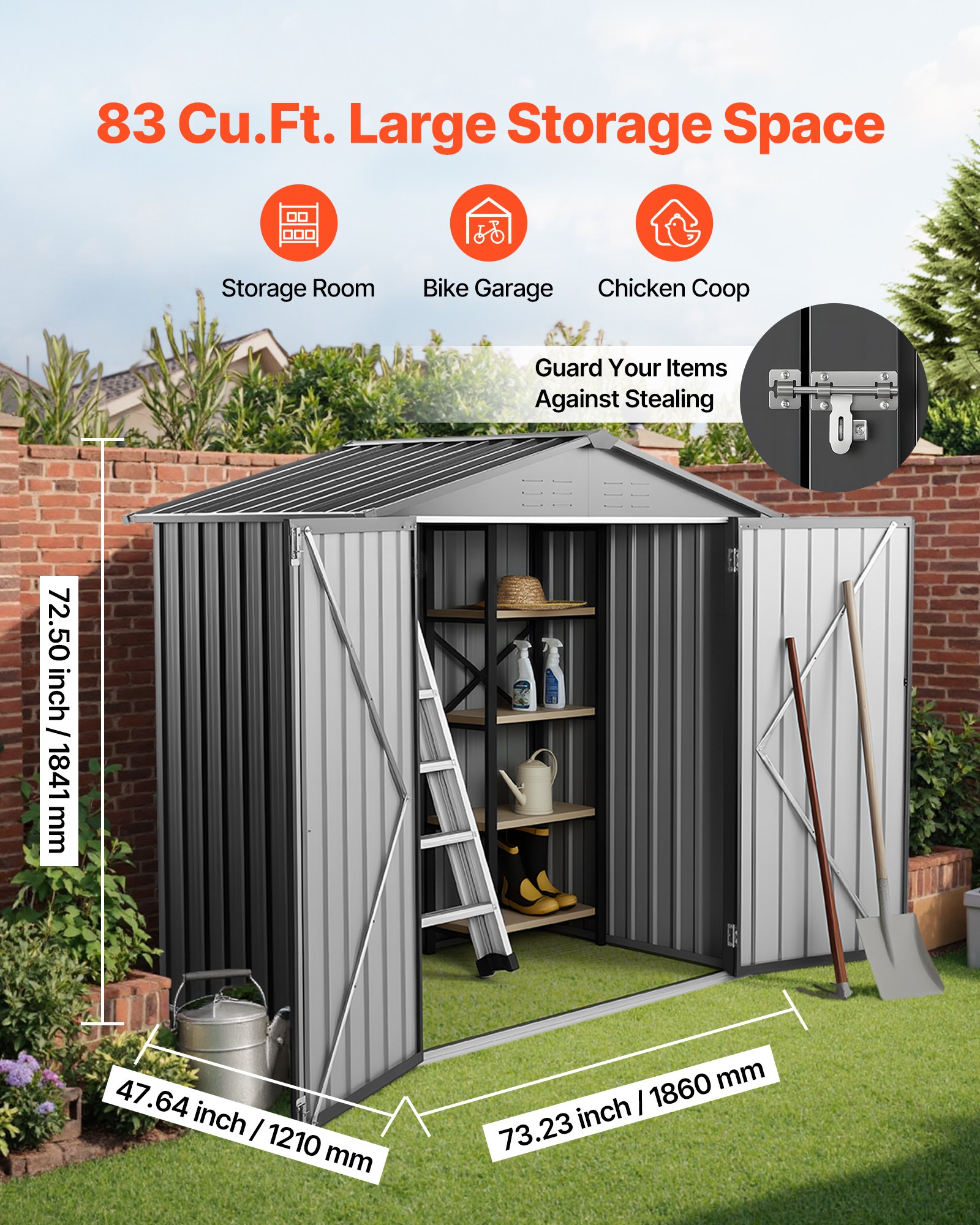 VEVOR Metalen Gereedschapsschuur, Gereedschapsschuur met Afsluitbare Deuren en 4 Ventilatieroosters, Tuinschuur met Schuin Dak, Opslagschuur voor Achtertuin, Tuin, Terras, Fiets, 1860x1210x1841 mm
