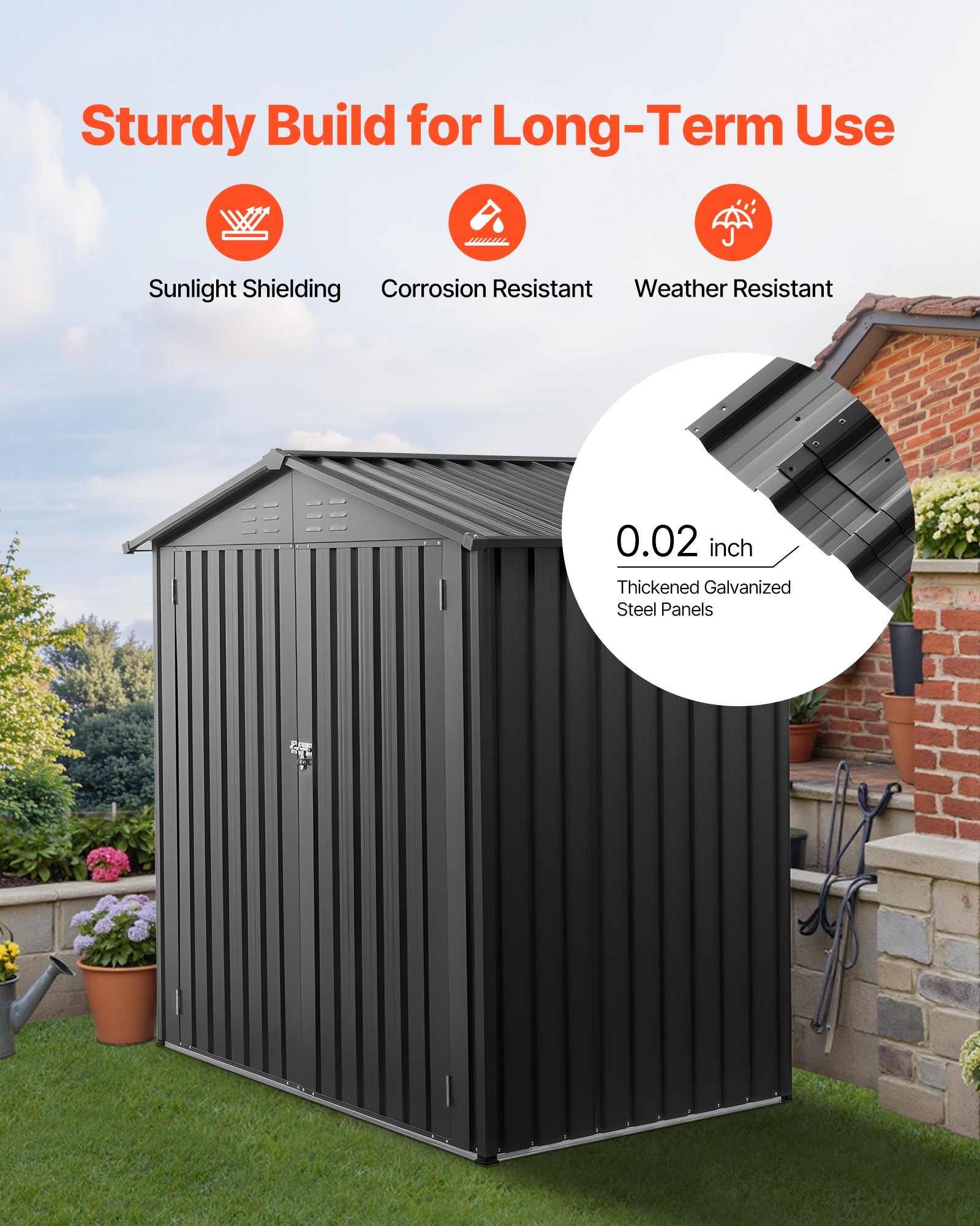 VEVOR Metalen Gereedschapsschuur, Gereedschapsschuur met Afsluitbare Deuren en 4 Ventilatieroosters, Tuinschuur met Schuin Dak, Opslagschuur voor Achtertuin, Tuin, Terras, Fiets, 1860x1210x1841 mm